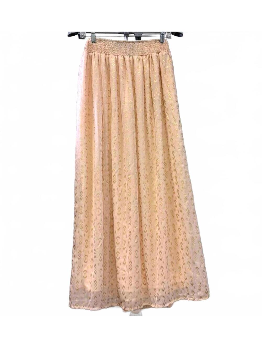 RU APPAREL S MAXI SKIRT LINED CHIFFON PEACH & CREAM W/ METALIC GOLD GEOMETRIC